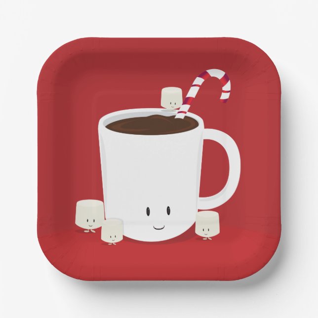 Red Smiling Hot Chocolate Christmas Paper Plate (Front)