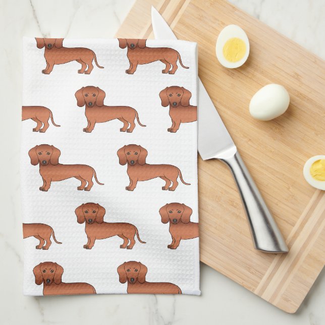 Red Smooth Coat Dachshund Cute Cartoon Dog Pattern Kitchen Towel (Quarter Fold)