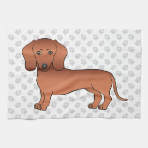 Red Smooth Coat Dachshund Cute Cartoon Dog & Paws Kitchen Towel