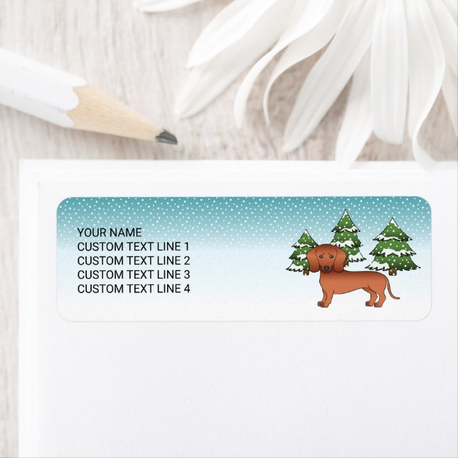 Red Smooth Coat Dachshund Cute Dog - Winter Forest (Insitu)