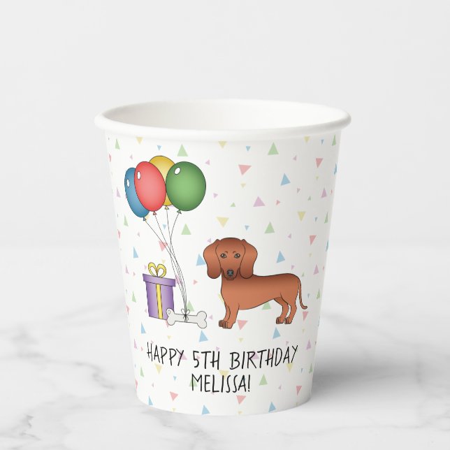 Red Smooth Coat Dachshund Dog Happy Birthday Paper Cups (Front)