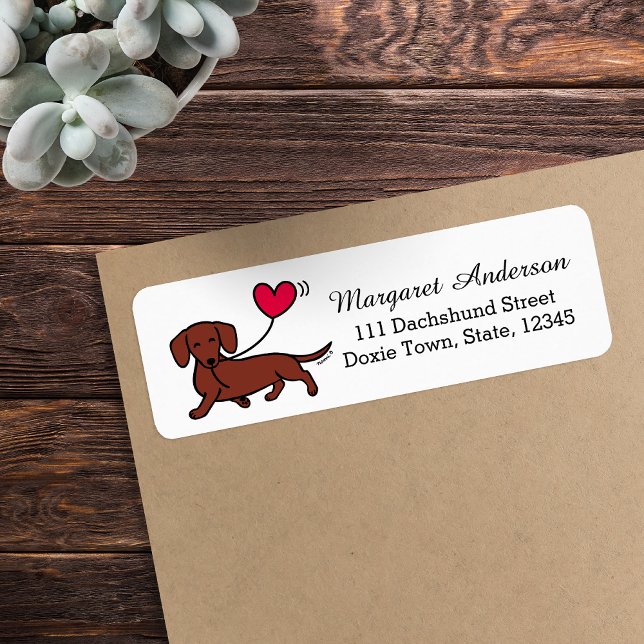 Red Smooth Haired Dachshund Smiling Heart (Red Smooth Haired Dachshund Return Address Label featuring Smiling Doxie.  Cute Cartoon Design.)