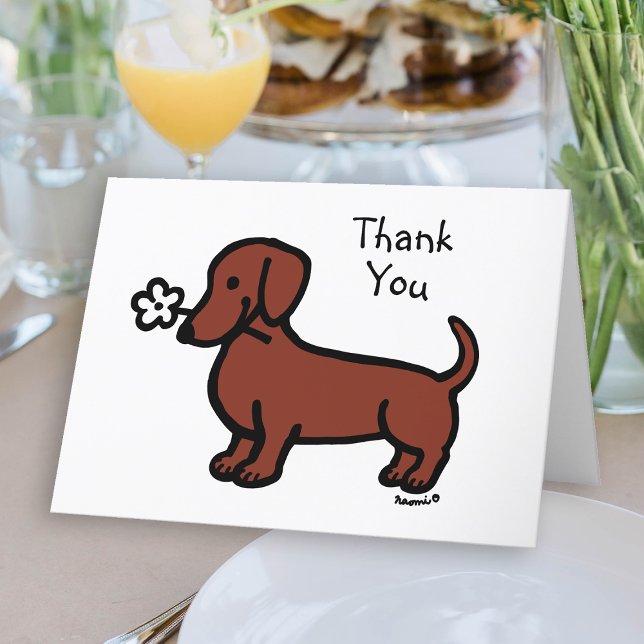 Red Smooth Haired Dachshund Tiny Flower Thank You Card (Red Smooth Haired Dachshund Tiny Flower Thank You Card for Doxie owners.  Cute sausage dog cartoon.)