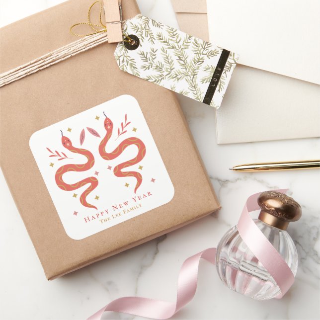 Red Snakes Happy Chinese New Year Square Sticker (Gifting)