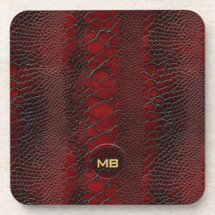 Red Snakeskin Leather Print Embossed Monogram Coaster