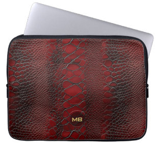 Red Snakeskin Leather Print Embossed Monogram Laptop Sleeve