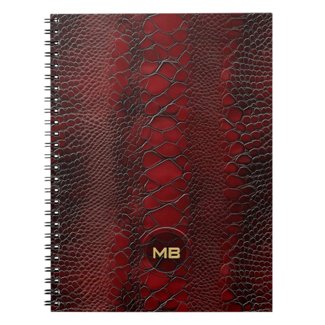 Red Snakeskin Leather Print Embossed Monogram Notebook (Front)