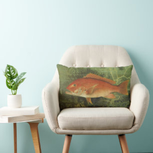 Red Snapper Fish by Kilbourne, Vintage Marine Life Lumbar Pillow
