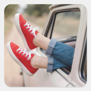 Red Sneakers Hanging Out Retro Truck Window Square Sticker