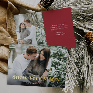 Red   Snow Very Merry Two Photo Gold Foil Holiday Card