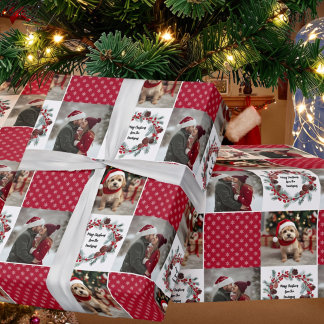 Red Snowflake 2 Photo Wreath w Pinecones Christmas Wrapping Paper