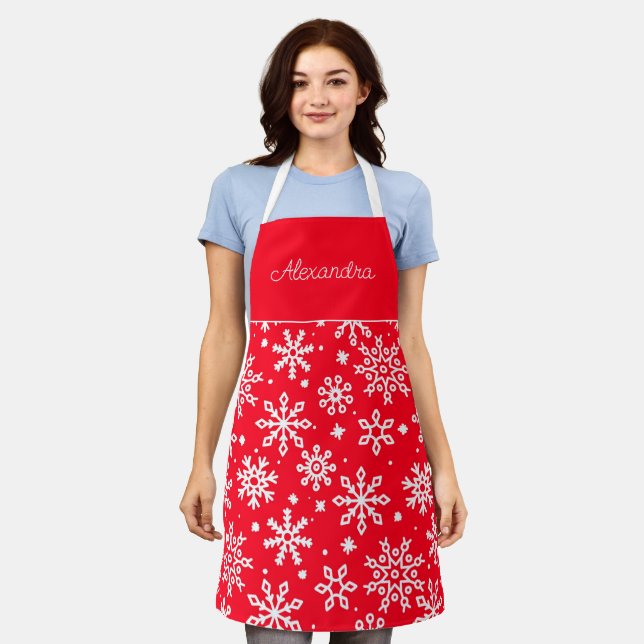 Red Snowflake  Adult Personalized Cooking  Apron (Worn)