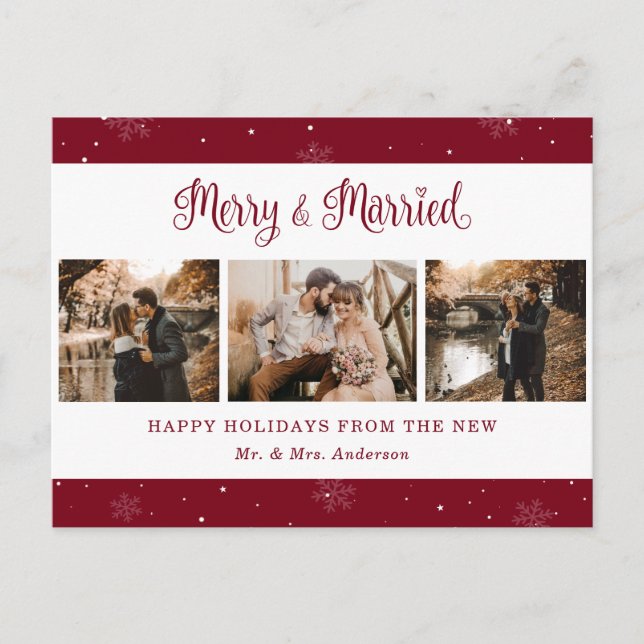 Red Snowflake Botanical Newlywed Photo Holiday (Front)