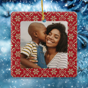 Red Snowflake Christmas Photo Custom Ceramic Ornament