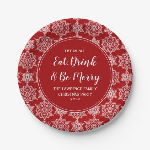 Red Snowflake Eat Drink Merry Christmas Party Paper Plate
