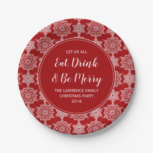 Red Snowflake Eat Drink Merry Christmas Party Paper Plate (Front)