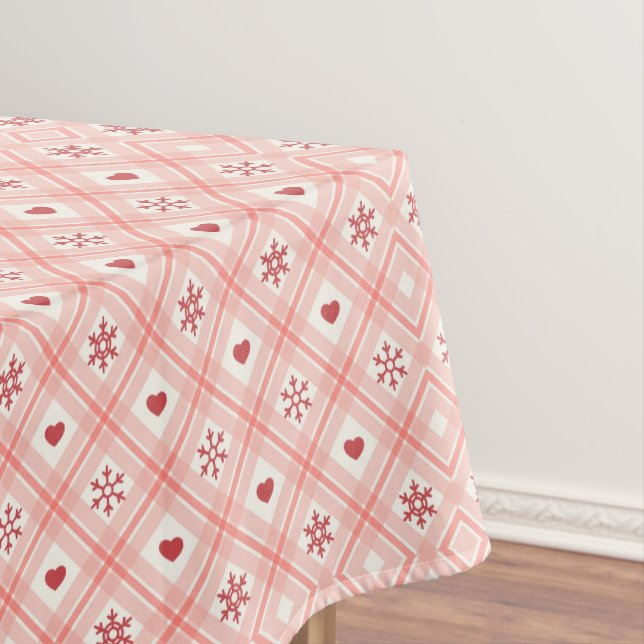 Red Snowflake Heart In Pink Retro Seamless Pattern Tablecloth (In Situ)