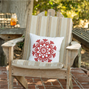 Red Snowflake Ice Crystal Flower Pattern On White Outdoor Pillow