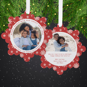 Red Snowflake Merry Christmas Family Photo Ornament Card