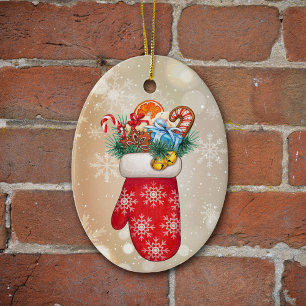 Red Snowflake Mittens with Christmas Goodies Ceramic Ornament