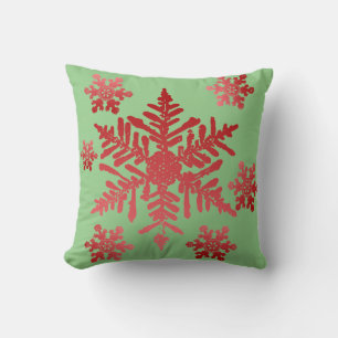 Red Snowflake on Green Throw Pillow