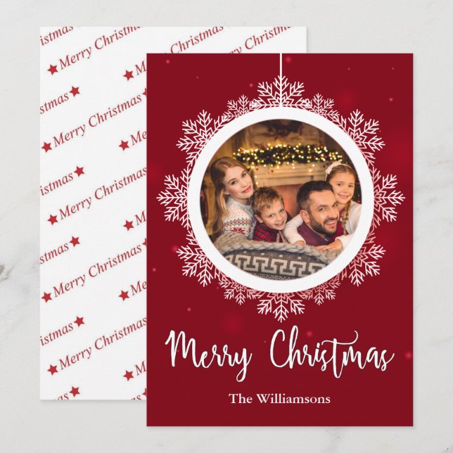 Red Snowflake Ornament Christmas Photo Holiday Card (Front/Back)
