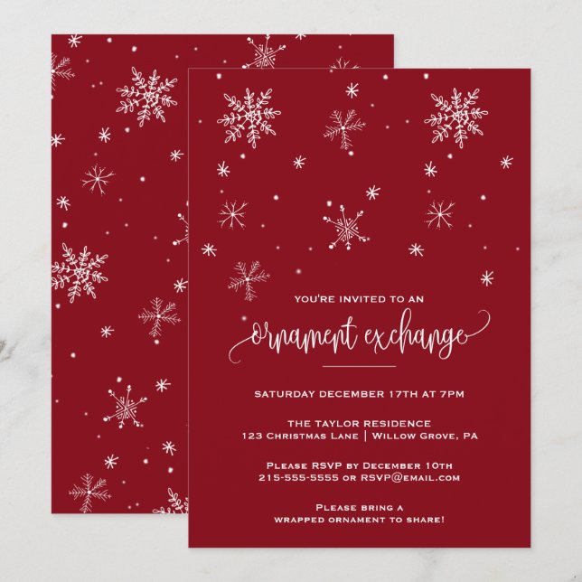 Red Snowflake Ornament Exchange Party Invitation (Front/Back)