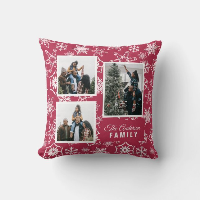 Red Snowflake Pattern Custom Holiday Photos Throw Pillow (Front)