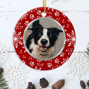 Red Snowflake Paw Pattern Pet Photo Ceramic Ornament