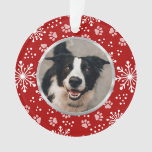 Red Snowflake Paw Pattern Pet Photo Ornament