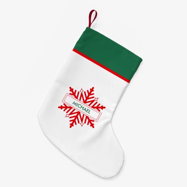 Red Snowflake Personalized Green & White Small Christmas Stocking (Front (Hanging))