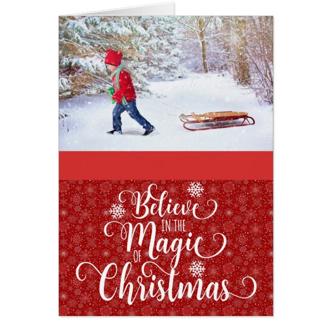 Red Snowflake Photo Believe Christmas Card (Front)