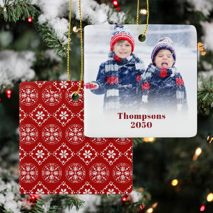 Red Snowflake Photo Custom Red Snowflake Ceramic Ornament