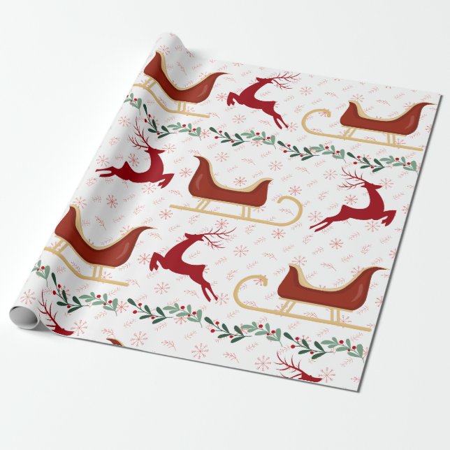 Red Snowflake & Reindeer Wrapping Paper | Festive (Unrolled)