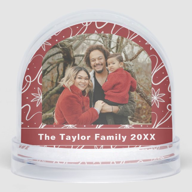 Red Snowflake Swirl Custom Family Photo Snowglobe (Front)