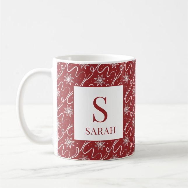 Red Snowflake Swirl Monogram Name Coffee Mug (Left)