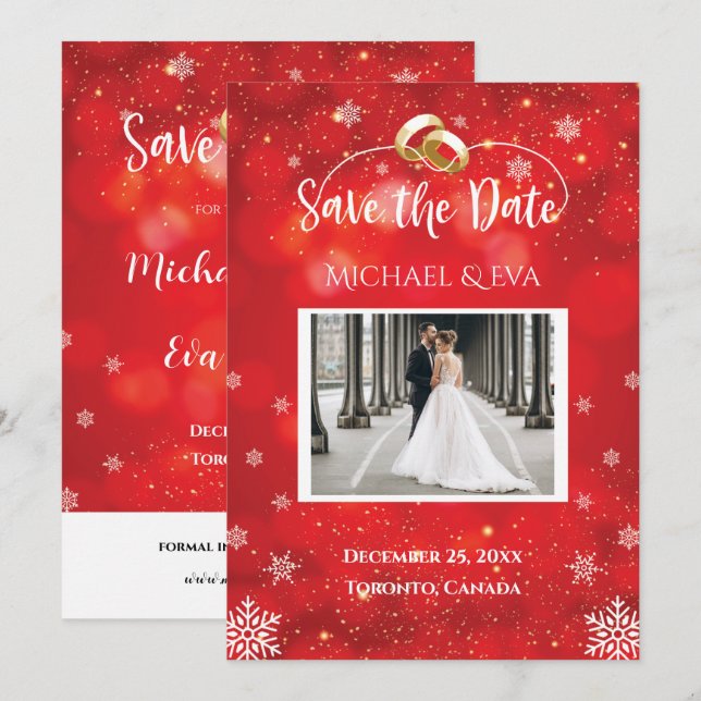 Red Snowflake Winter Wedding Save The Date Invitation (Front/Back)