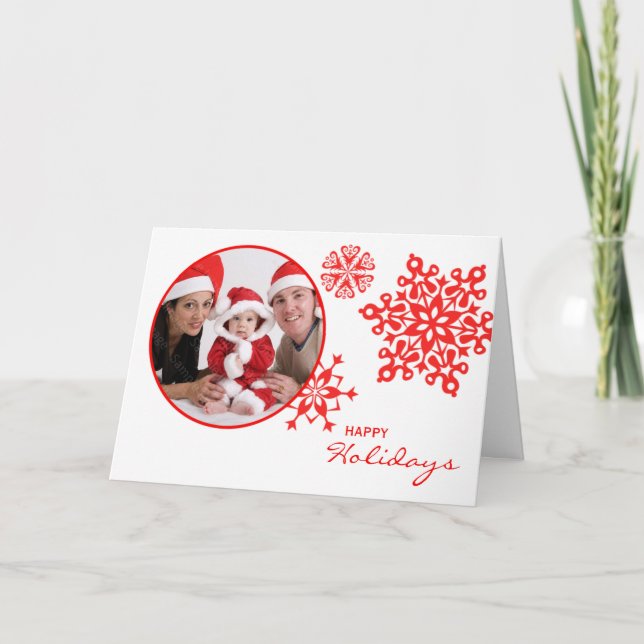 Red Snowflakes Folded Photo Christmas Holiday Card (Front)