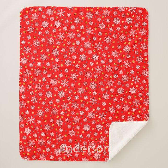 Red Snowflakes Modern Elegant Personalized Name Sherpa Blanket (Front)