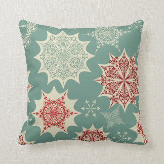 Red snowflakes on a green background throw pillow