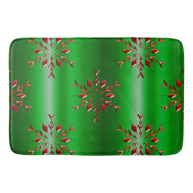 Red Snowflakes on Green Christmas Bath Mat (Front)