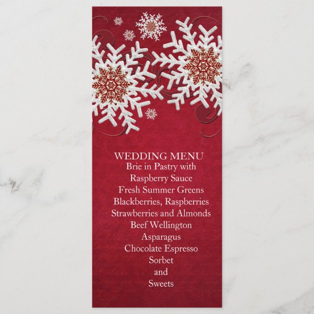 Red Snowflakes Swirls Wedding Menu (Front)