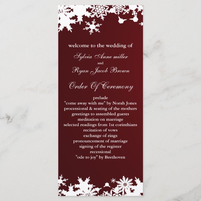 red snowflakes winter wedding program (Front)