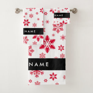 Red Snowflakes, Your name, Personalize Bath Towel Set