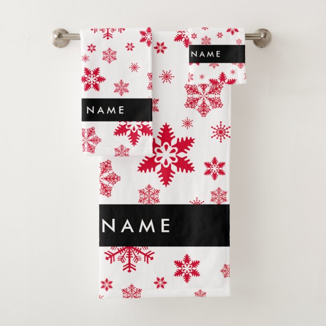 Red Snowflakes, Your name, Personalize Bath Towel Set (Insitu)