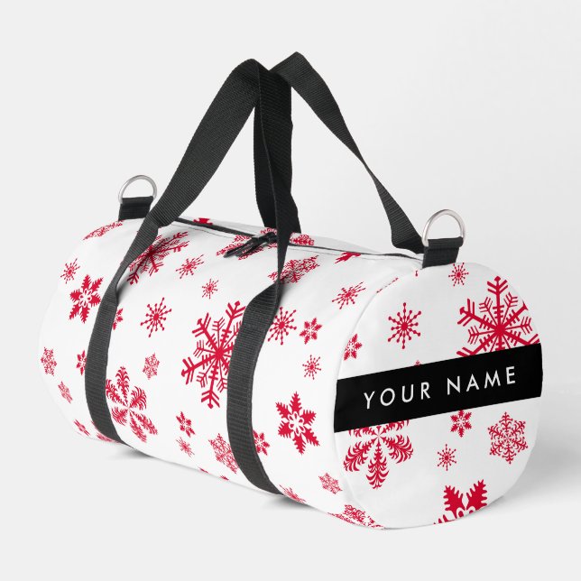 Red Snowflakes, Your name, Personalize Duffle Bag (Left Corner)