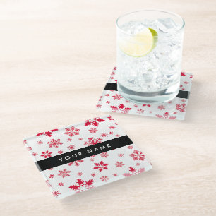 Red Snowflakes, Your name, Personalize Glass Coaster