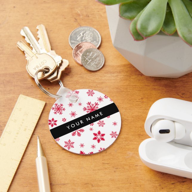 Red Snowflakes, Your name, Personalize Keychain (Desk)