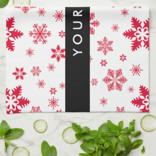 Red Snowflakes, Your name, Personalize Kitchen Towel