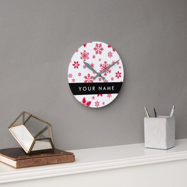 Red Snowflakes, Your name, Personalize Round Clock (Office)